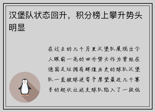 汉堡队状态回升，积分榜上攀升势头明显