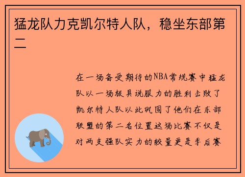 猛龙队力克凯尔特人队，稳坐东部第二